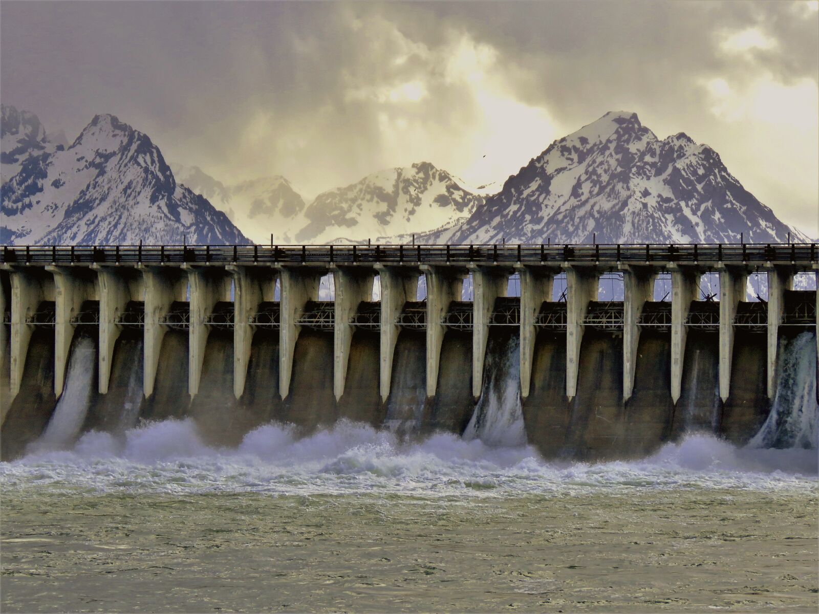 Canon PowerShot SX60 HS sample photo. Dam, water flow, mountains photography