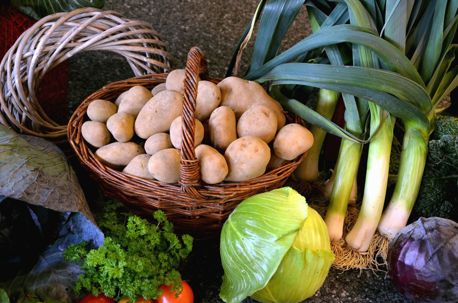Nikon D5100 sample photo. Wicker basket, potato, onion photography