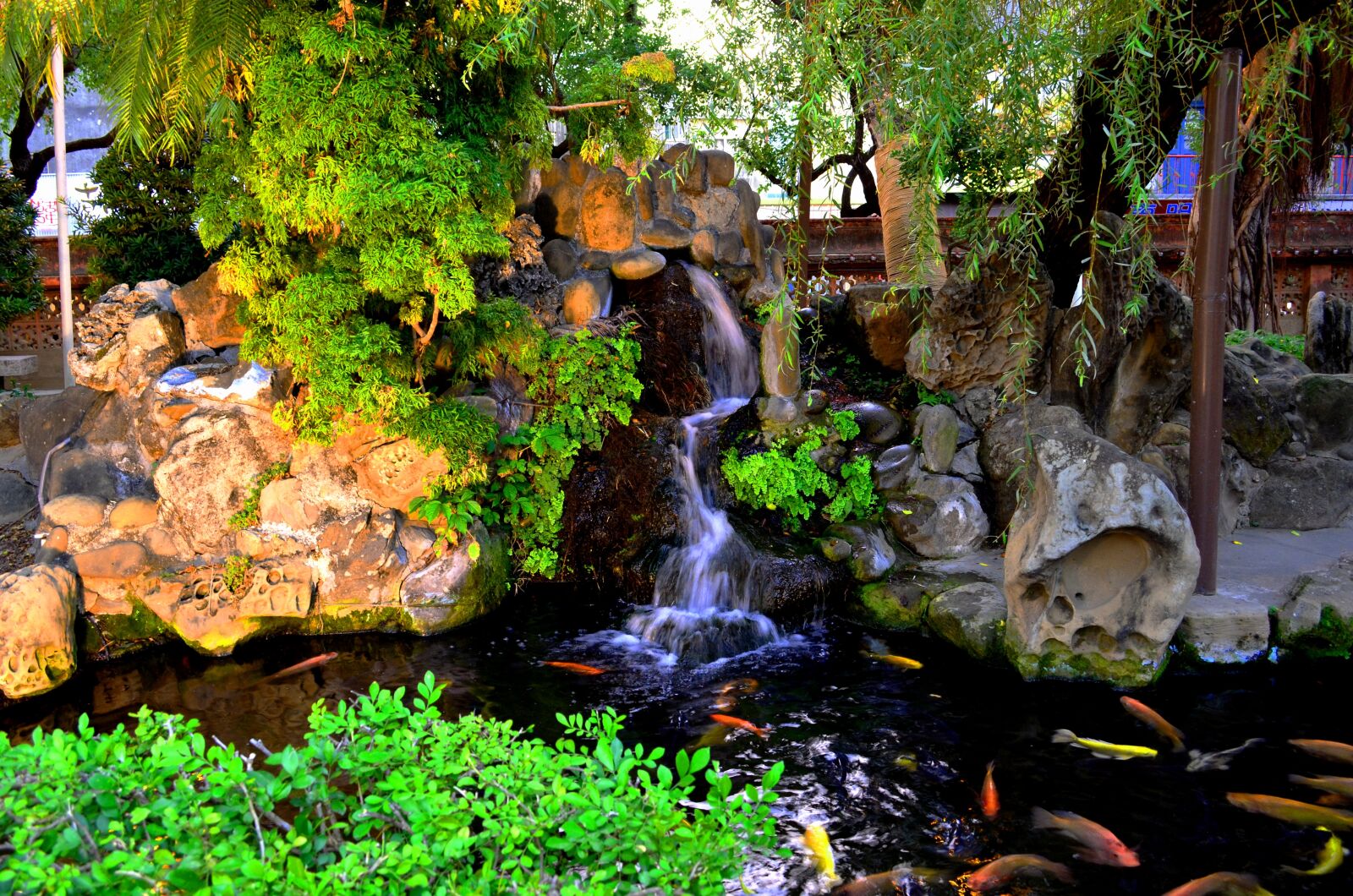 Nikon D5100 sample photo. Pond, koi, waterfall photography