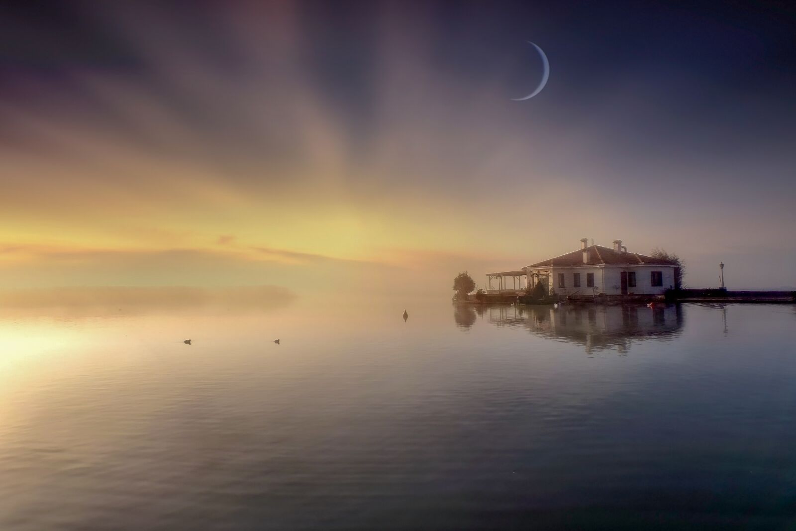 Nikon D5300 sample photo. Lake, house, moon photography