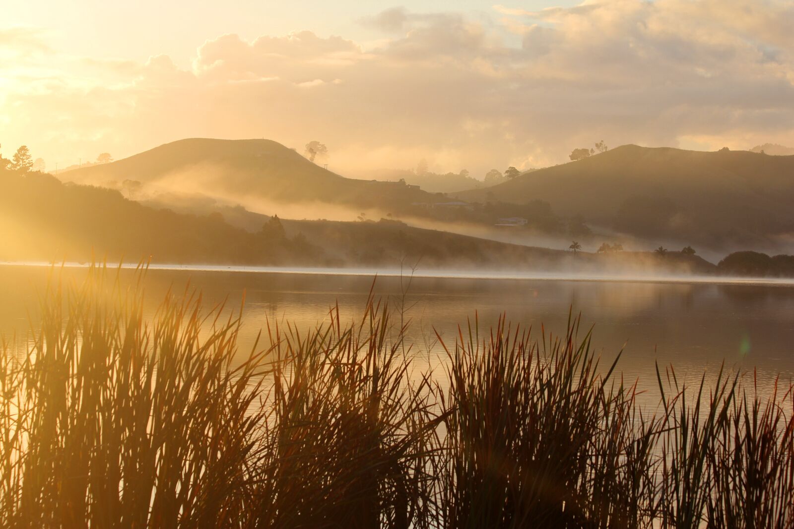 Canon EF 70-300mm F4-5.6 IS USM sample photo. Sunrise, fog, lake photography