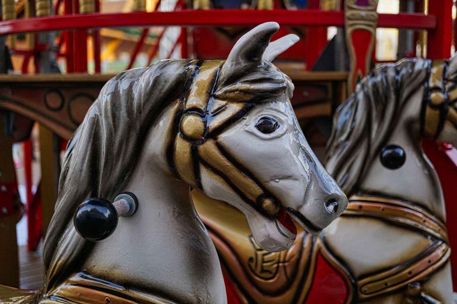 Sony a5100 + Sony E 30mm F3.5 Macro sample photo. Carousel, carousel horse, colorful photography