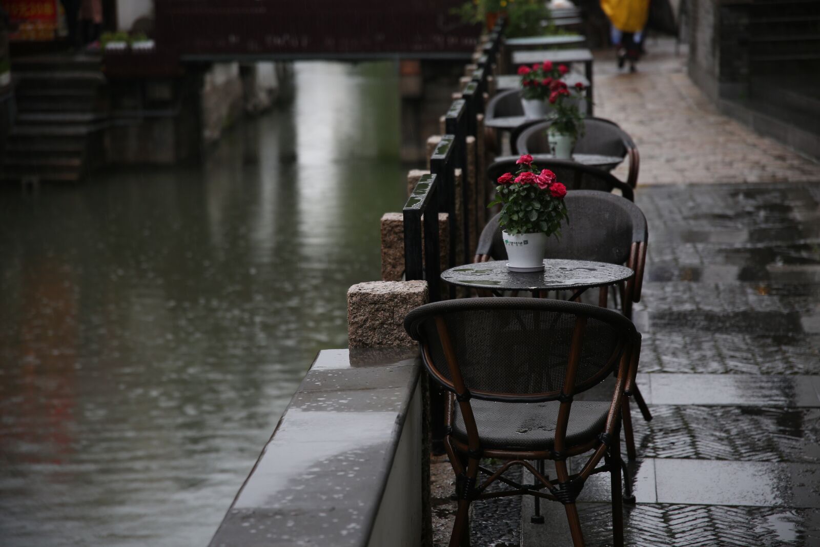 Canon EOS 5D Mark III sample photo. Rain, street, tables photography