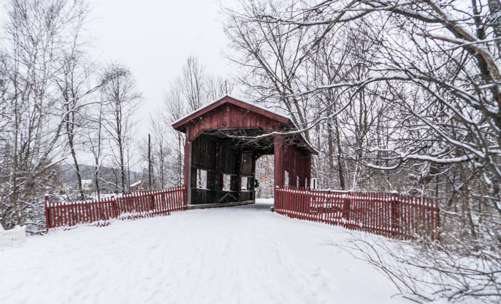 Sony a7R II + Sony FE 24-240mm F3.5-6.3 OSS sample photo. Covered bridge, snow, winter photography