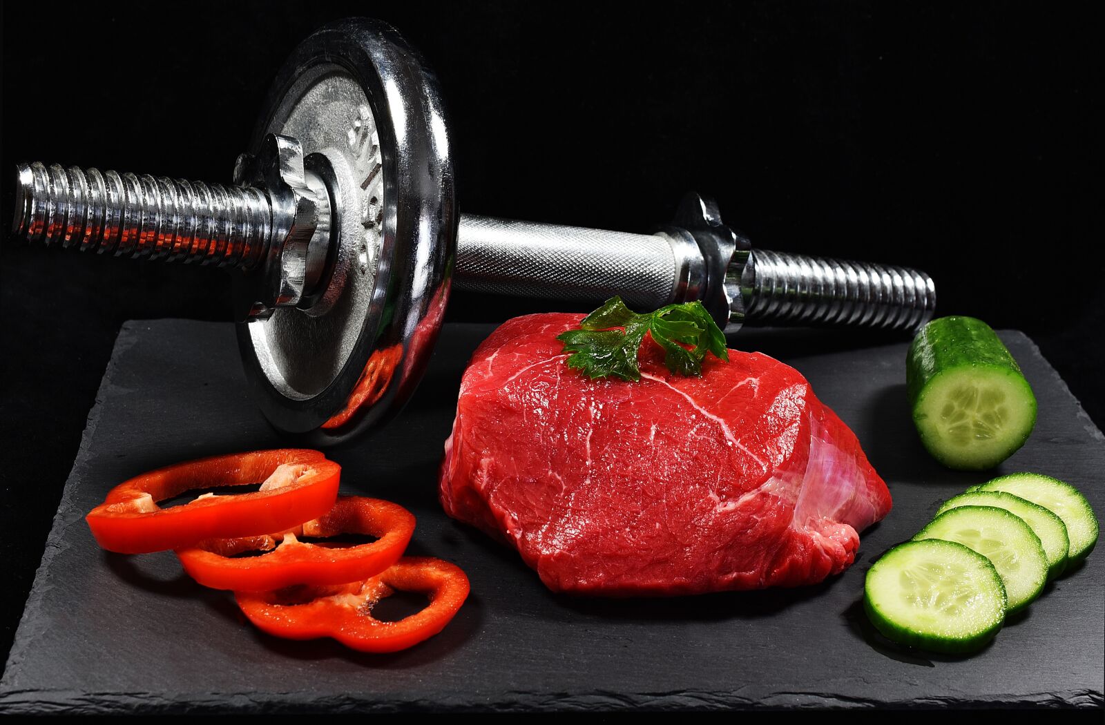 Nikon D750 sample photo. Meat, dumbbell, cucumber photography