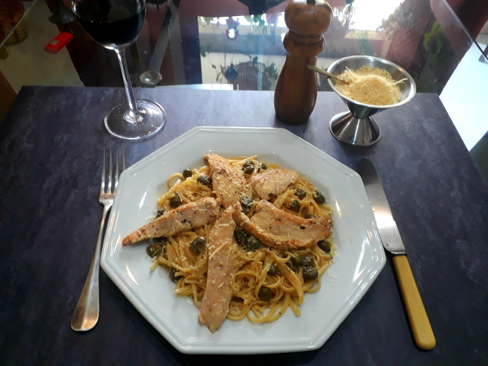 Samsung Galaxy J7 Prime sample photo. Chicken picatta, pasta, food photography