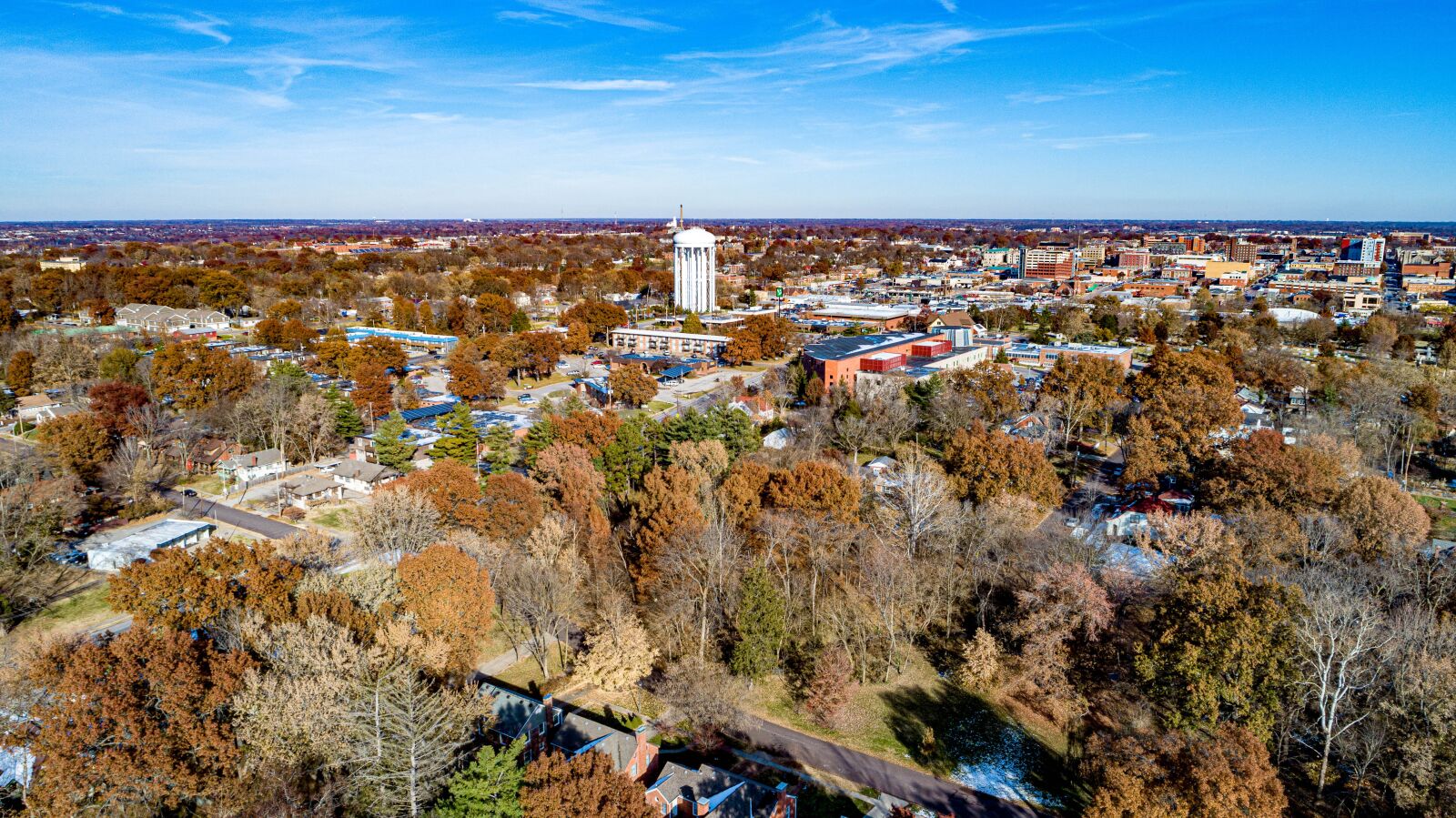 DJI FC6310 sample photo. Fall, trees, water tower photography