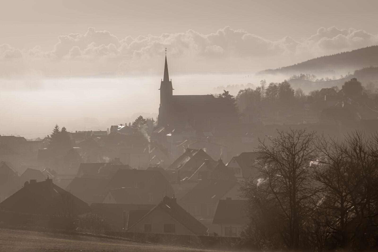 Canon EOS 6D + Canon EF 24-105mm F4L IS USM sample photo. Village, church, fog photography