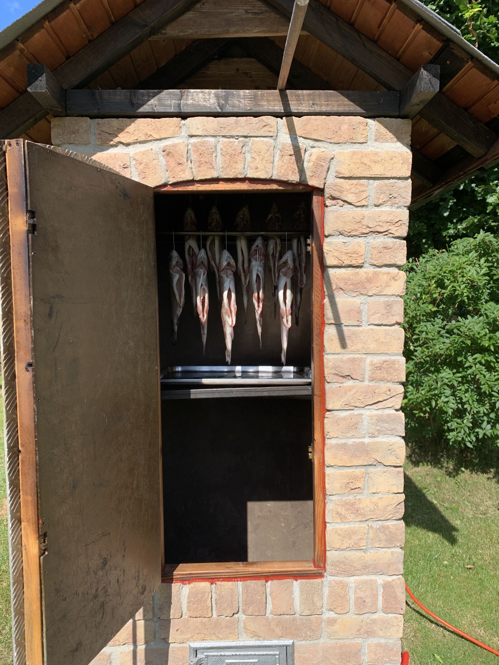 iPhone XR back camera 4.25mm f/1.8 sample photo. Smokehouse, smoking, trout photography