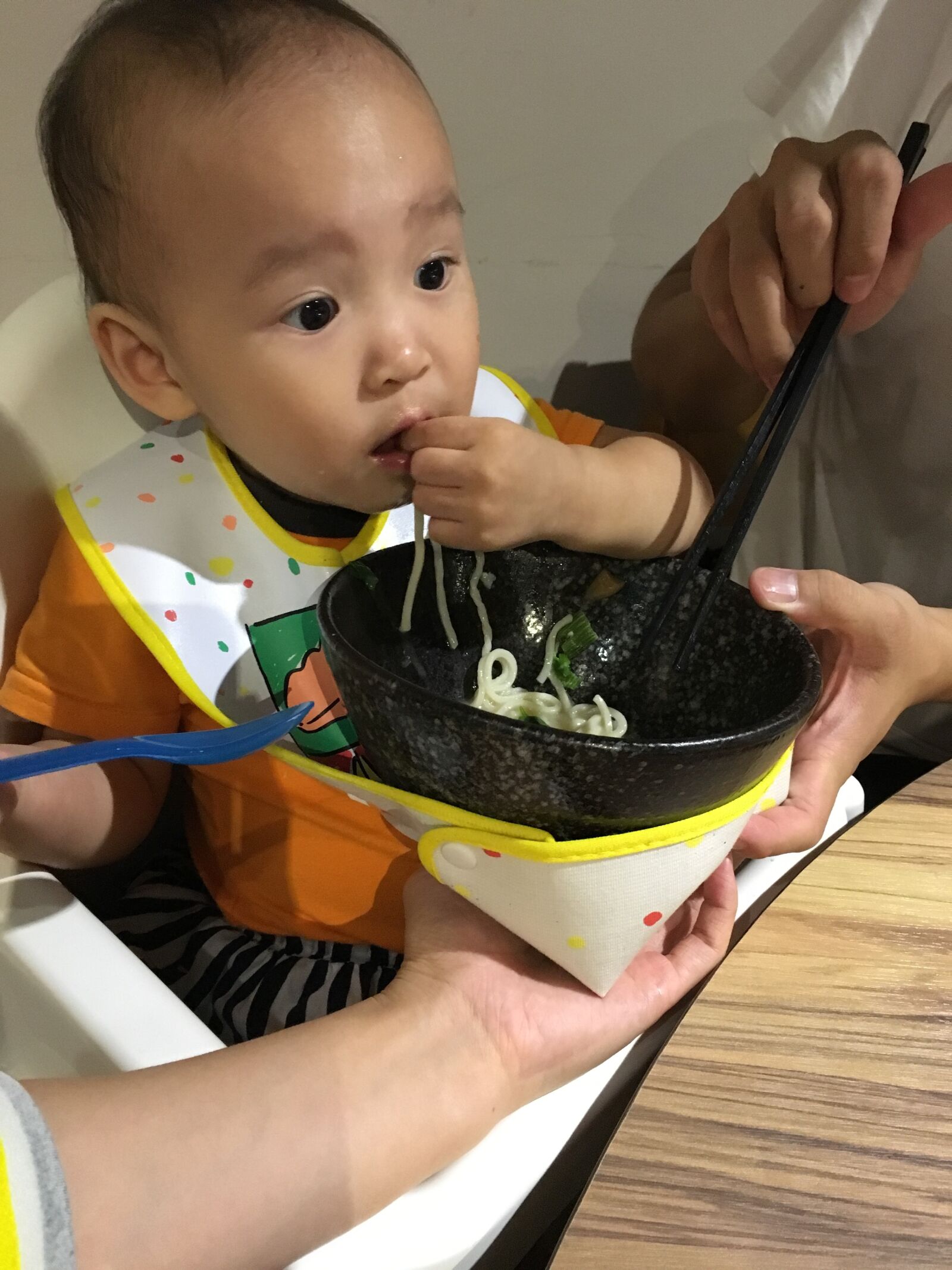 Apple iPhone 6s sample photo. Baby, eat noodle, bib photography