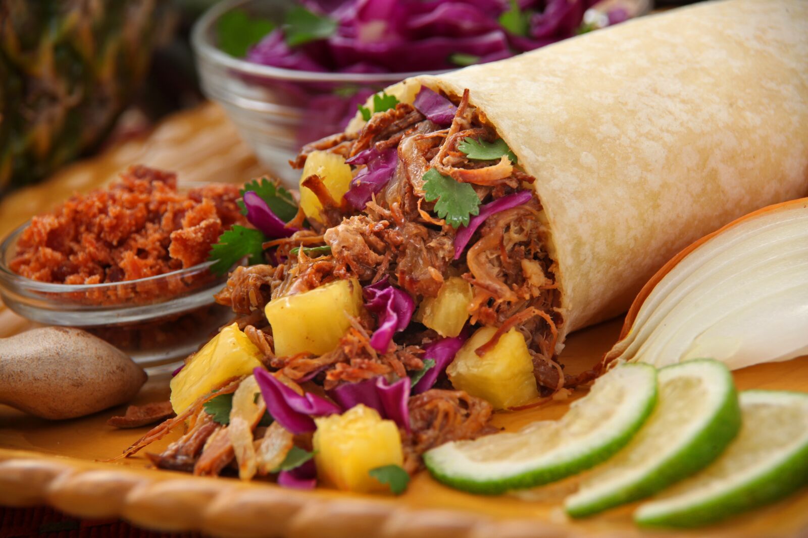 Canon EOS 5D Mark II sample photo. Grilled pineapple pork burrito photography