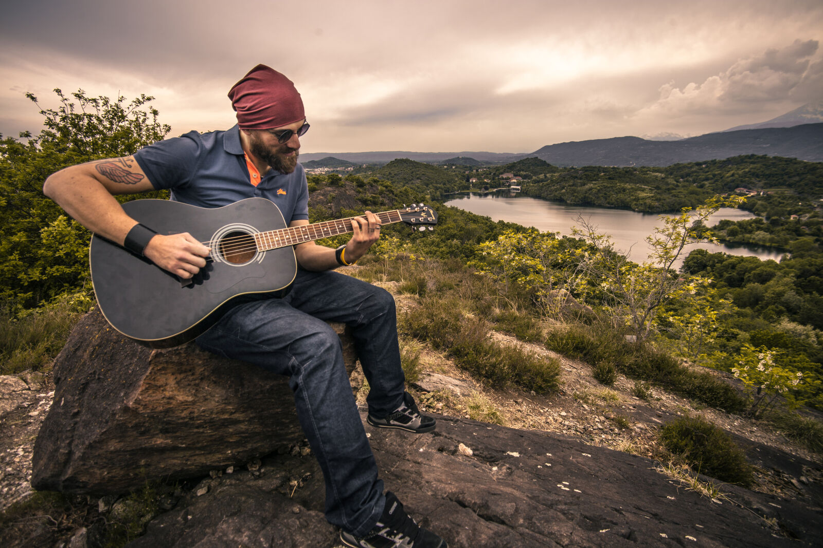 Canon EF 35-80mm f/4-5.6 sample photo. Adult, beard, countryside, guitar photography