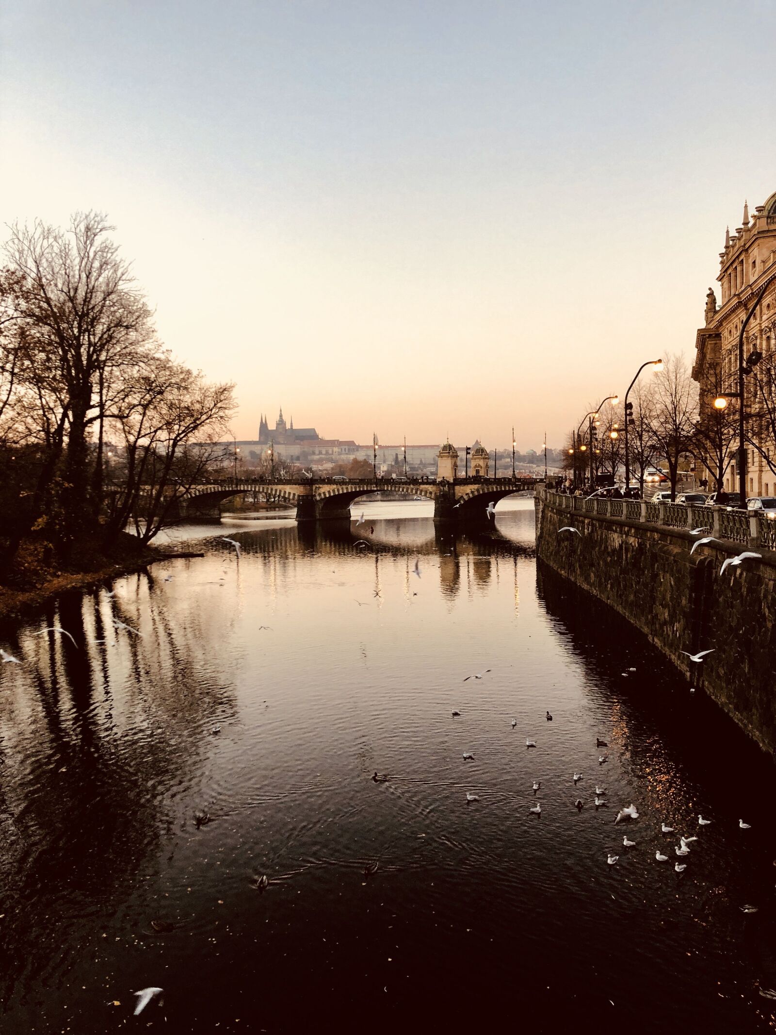 iPhone X back dual camera 4mm f/1.8 sample photo. Prague, river, sunset photography