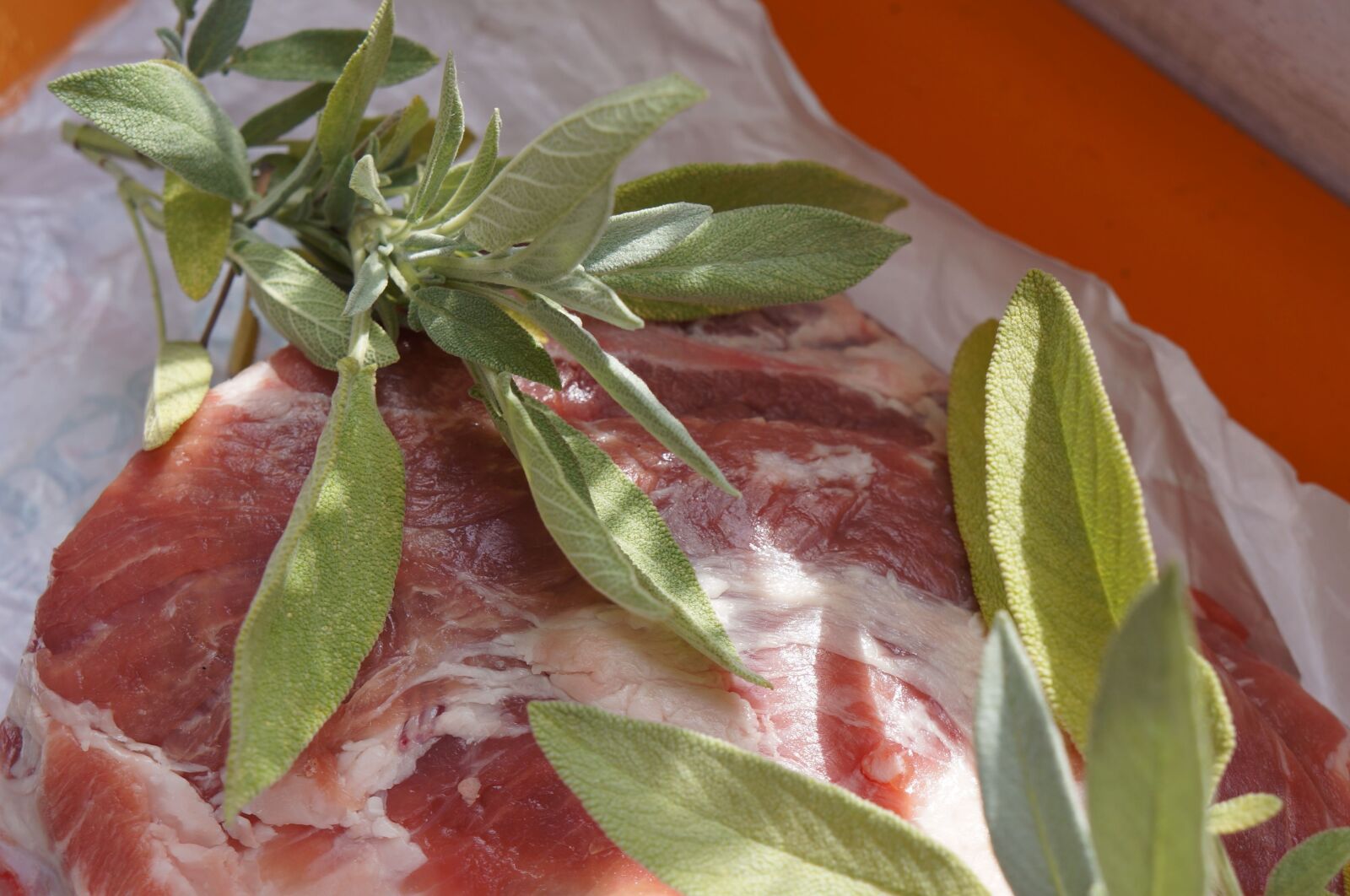 Sony Alpha NEX-5N sample photo. Meat, sage, leaf photography