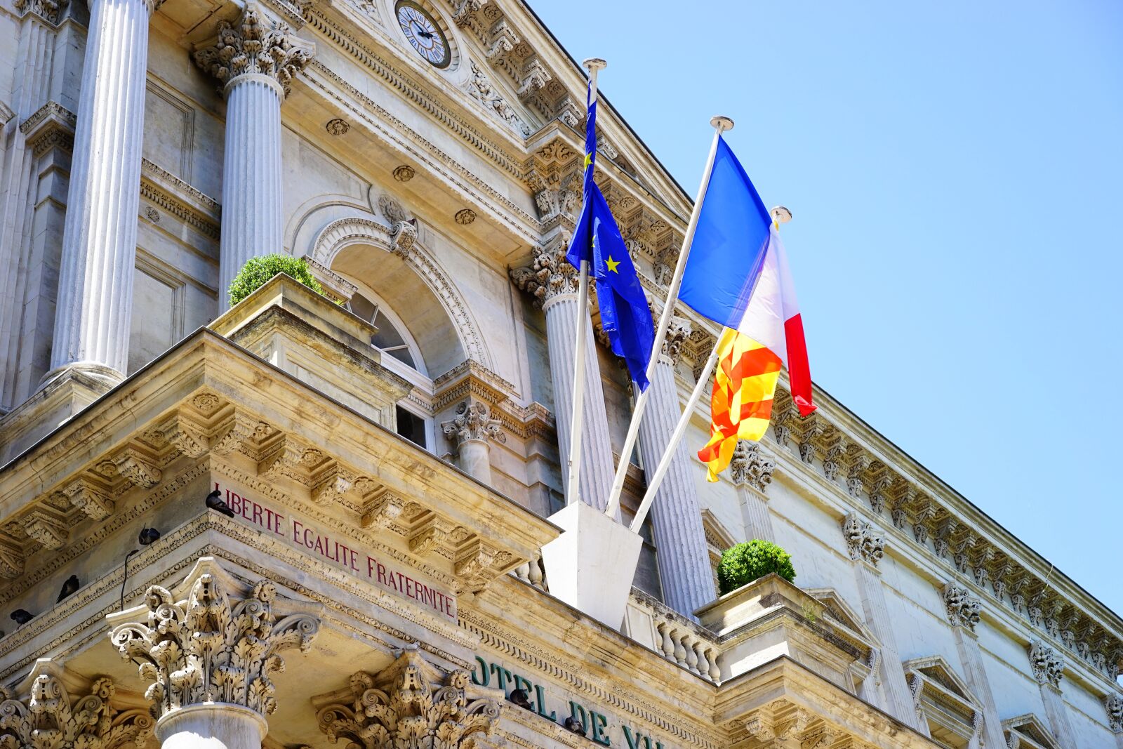 Sony a7 + Sony Sonnar T* FE 55mm F1.8 ZA sample photo. Flags, town hall, avignon photography