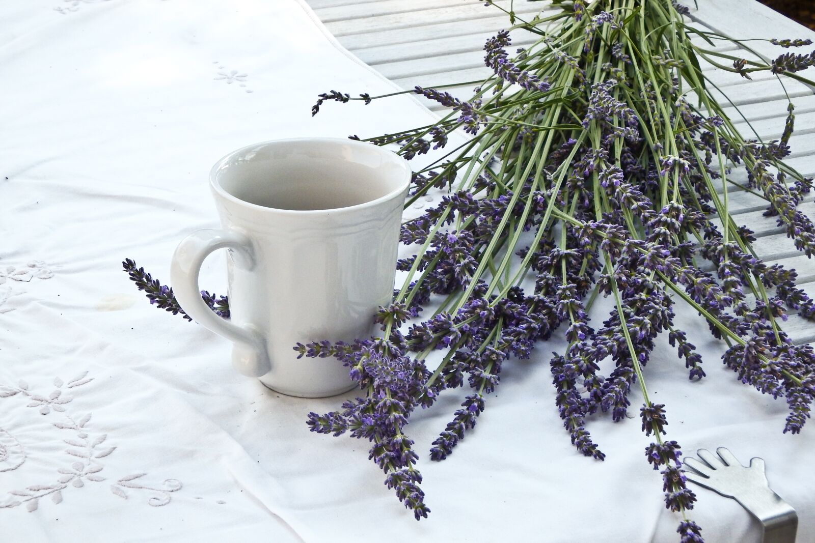 Fujifilm FinePix SL1000 sample photo. Lavender, cup, tablecloth photography