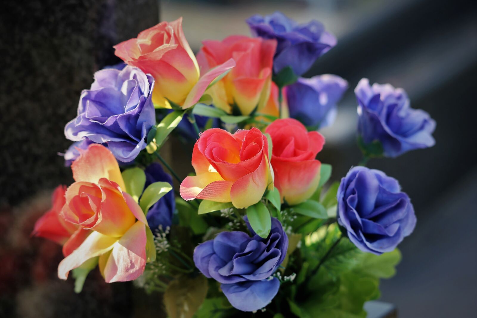 Canon EF 70-300 F4-5.6 IS II USM sample photo. Colorful artificial flowers, vase photography
