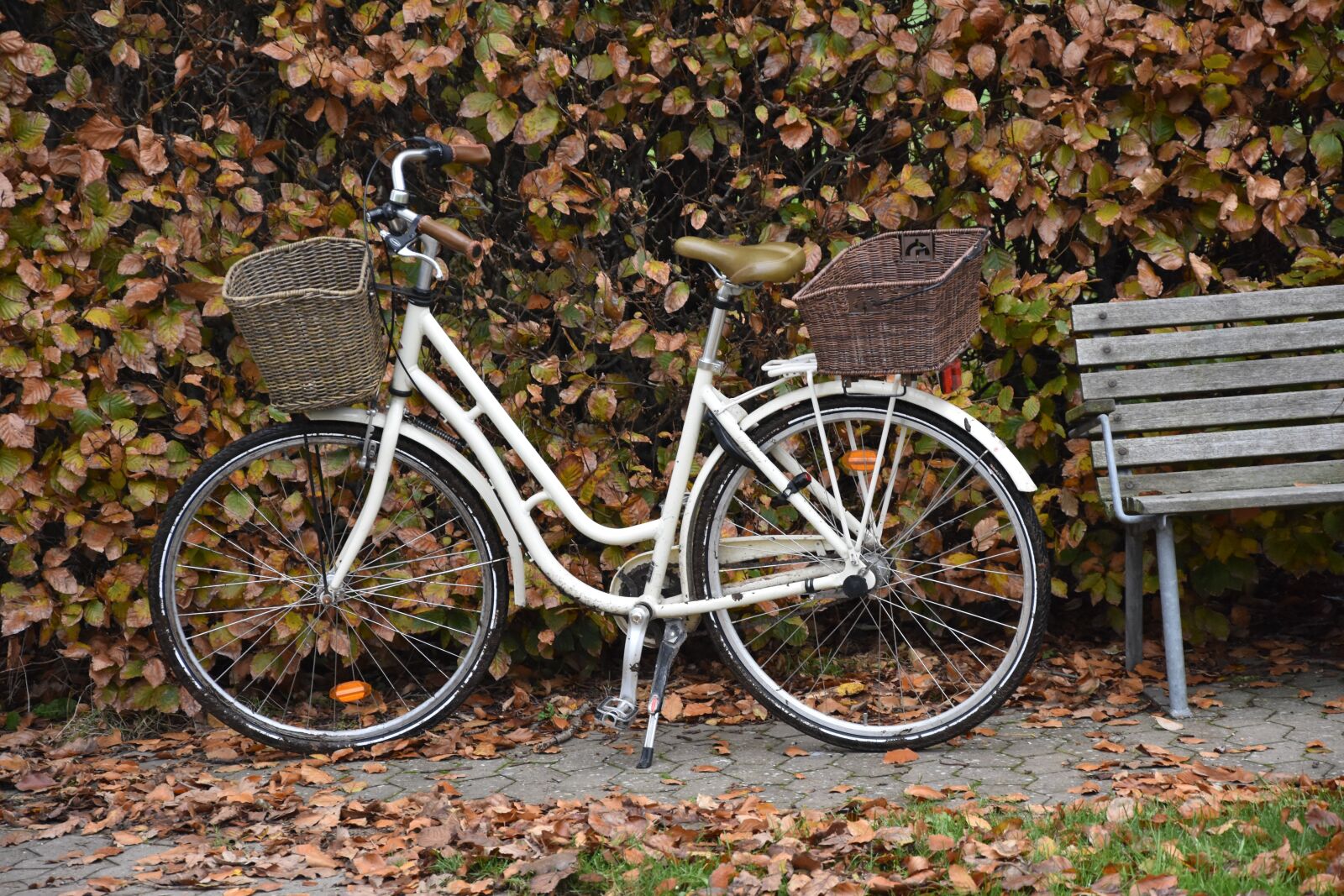 Nikon D7200 sample photo. Autumn, bike by bench photography