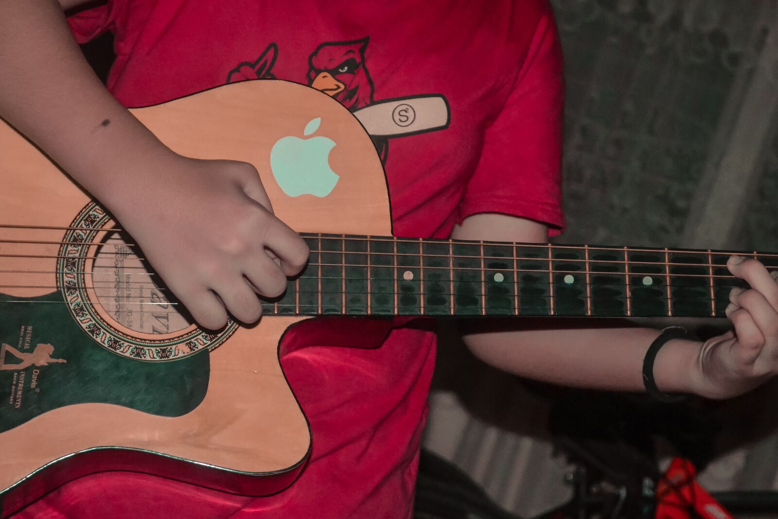 Nikon D3100 sample photo. Guitar, apple, red photography