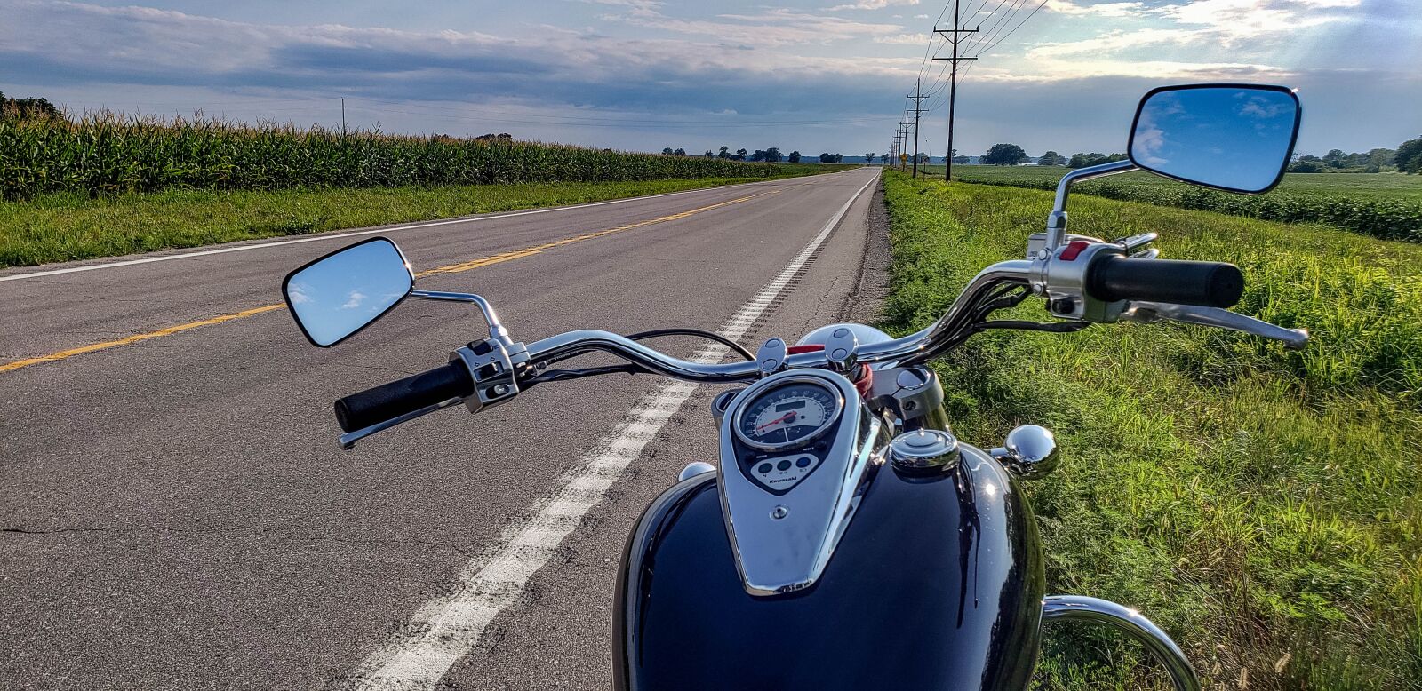 Samsung Galaxy S9+ sample photo. Motorcycle, road, sky reflection photography
