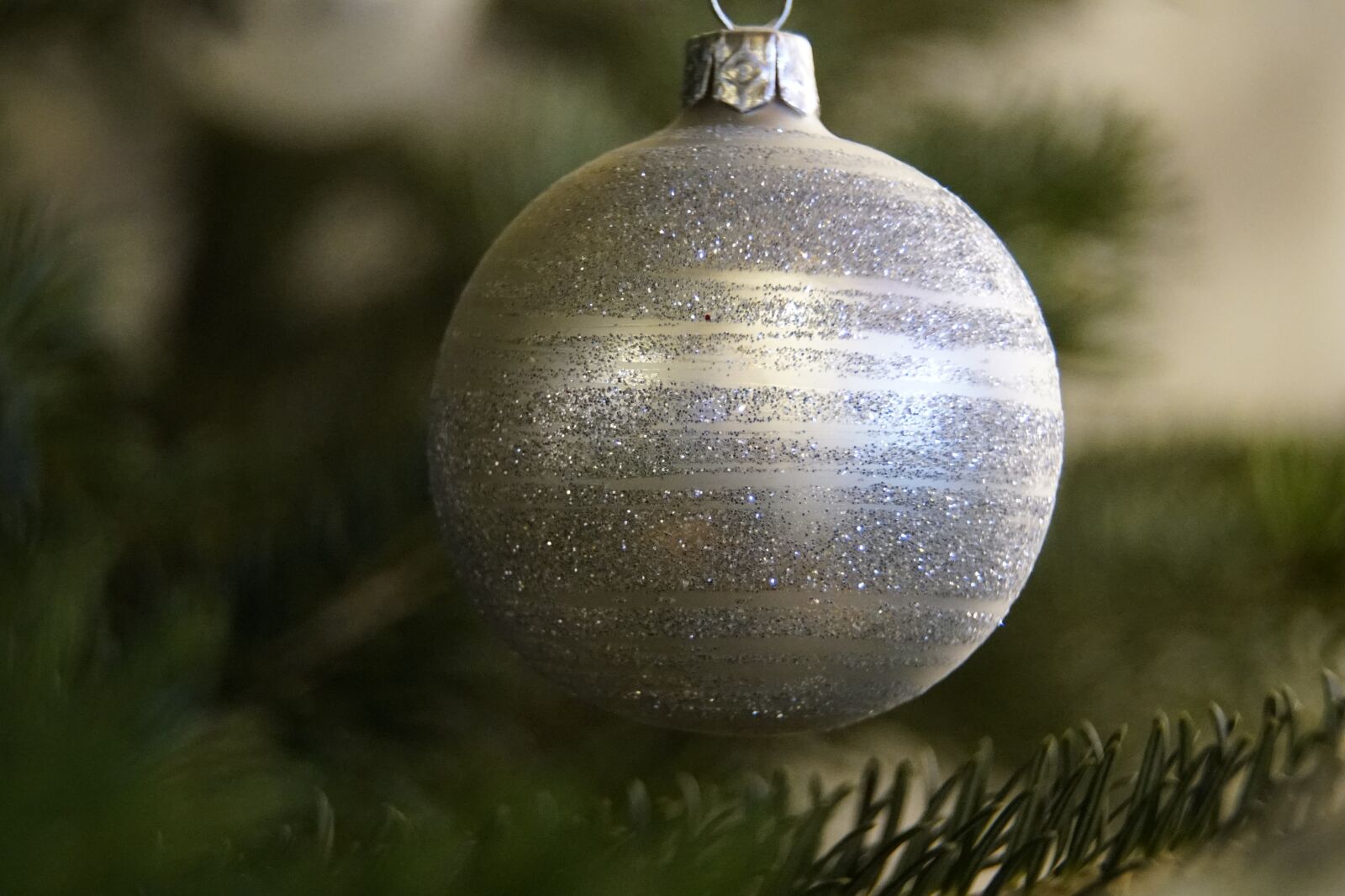Sony a7R II + Sony E PZ 18-105mm F4 G OSS sample photo. Bauble, silver, christmas photography