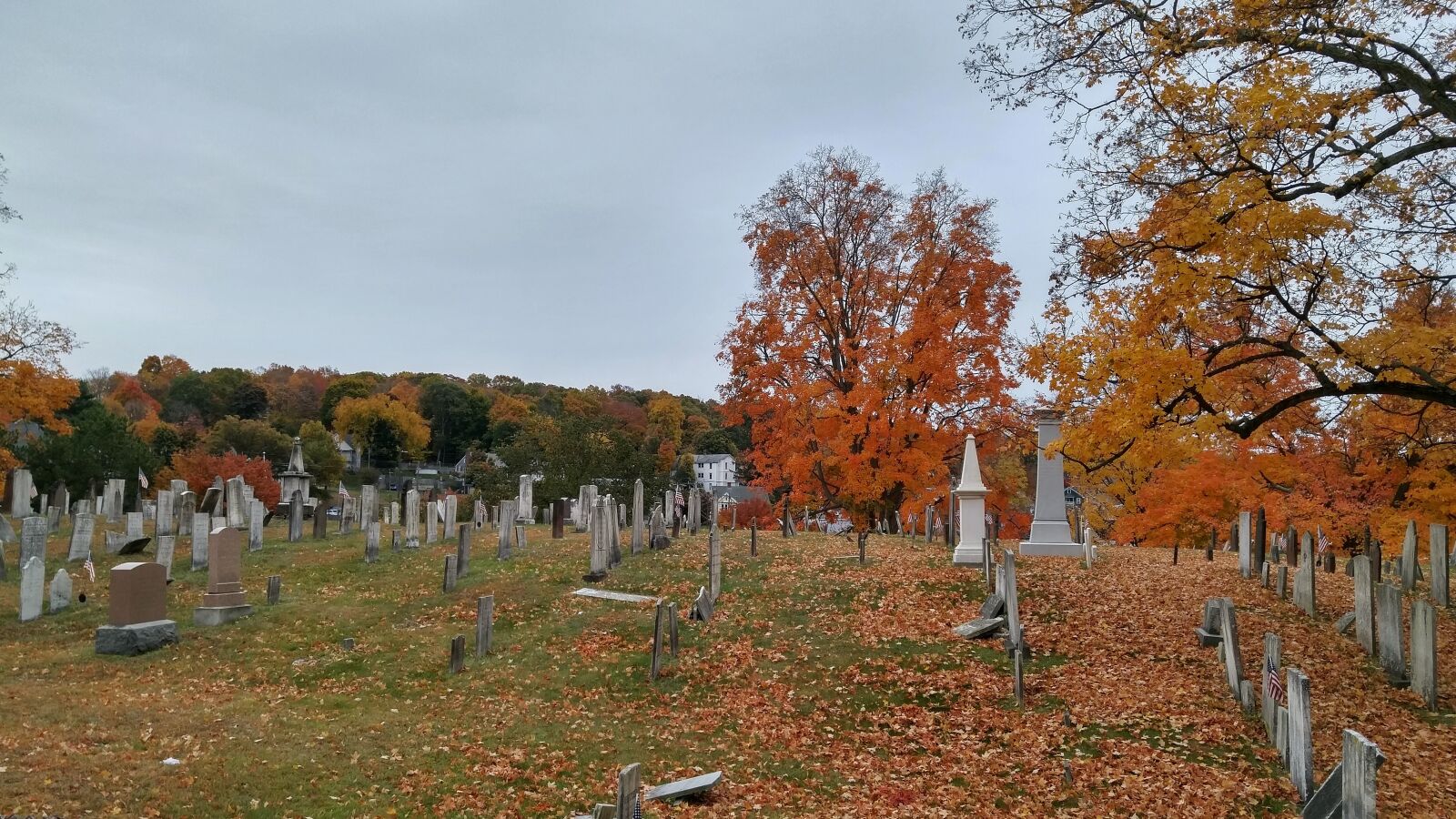 LG G4 sample photo. Cloudy, fall, foliage, graveyard photography