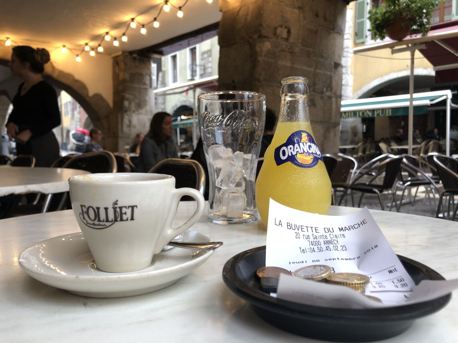 iPhone X back dual camera 4mm f/1.8 sample photo. Au café, orangina, espresso photography