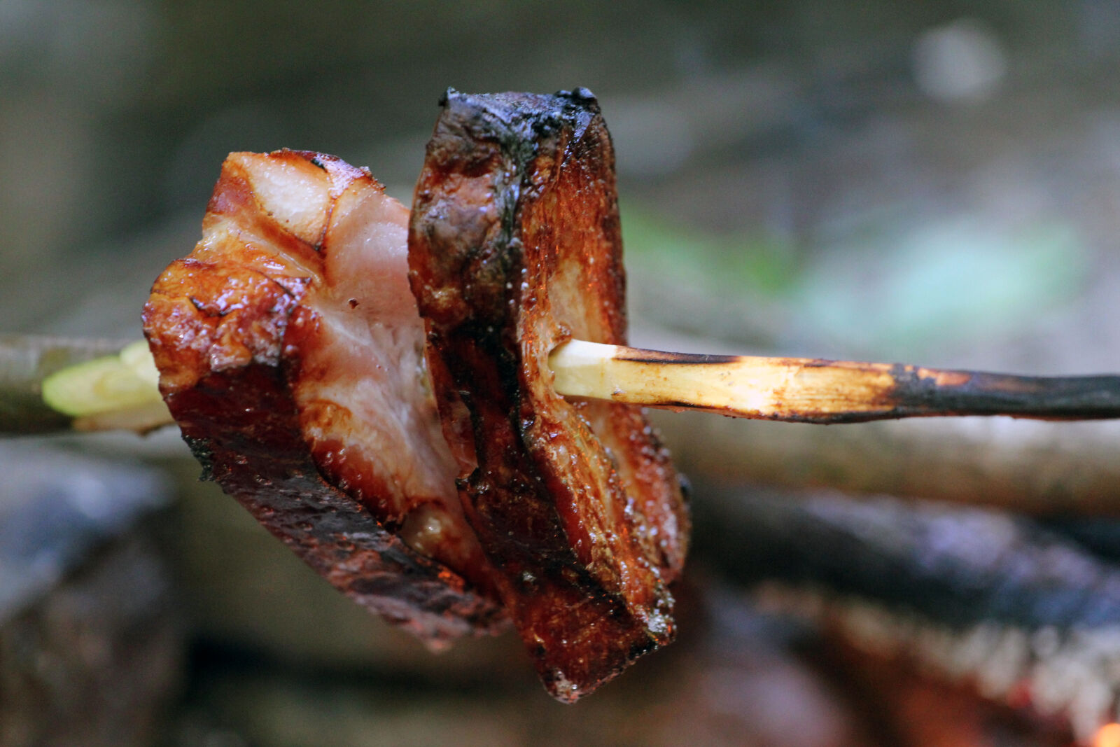 Canon EF 70-200mm F4L USM sample photo. Bacon, fire, meat, stick photography