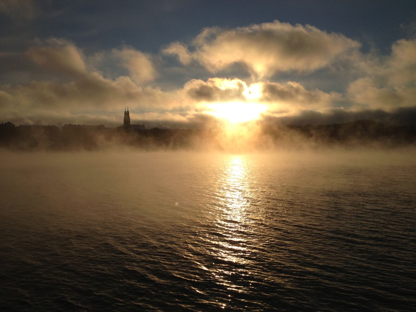 Apple iPhone 4S sample photo. Church, fog, sun, water photography