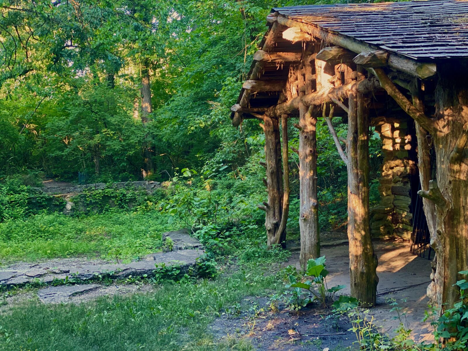 iPhone 11 Pro back dual camera 6mm f/2 sample photo. Cabin ruins in woods photography