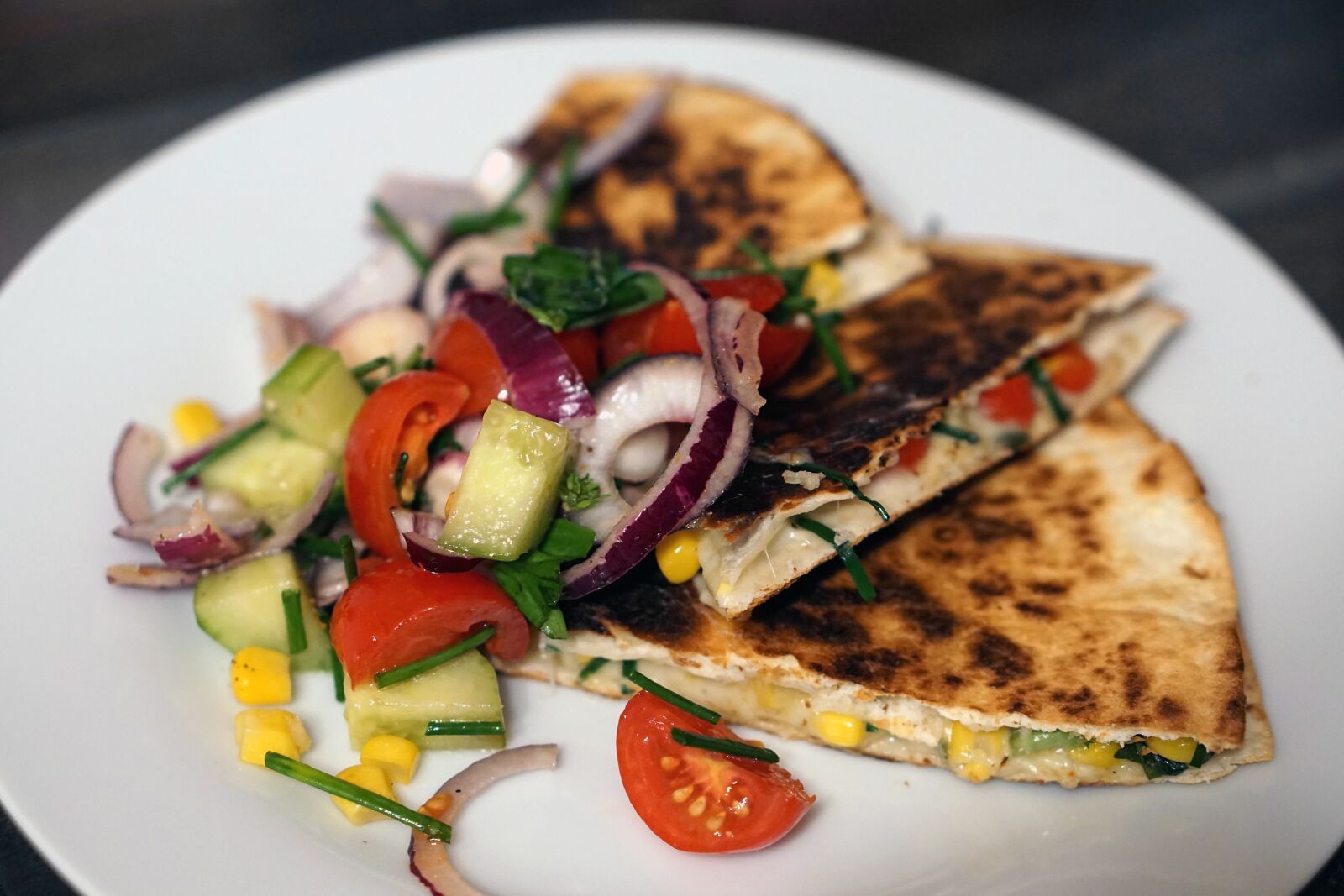 E 50mm F1.8 OSS sample photo. Quesadilla, mexican, healthy photography