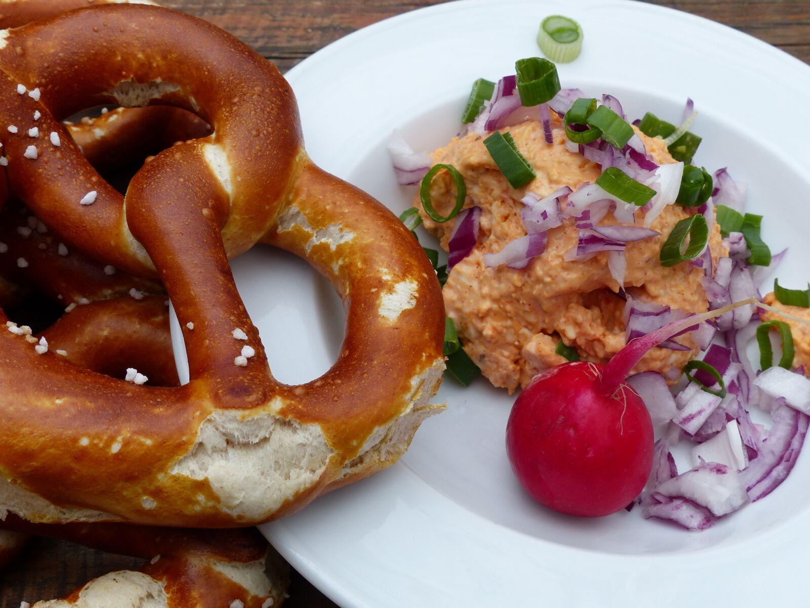 Panasonic Lumix DMC-FZ200 sample photo. Pretzels, obazda, onions photography