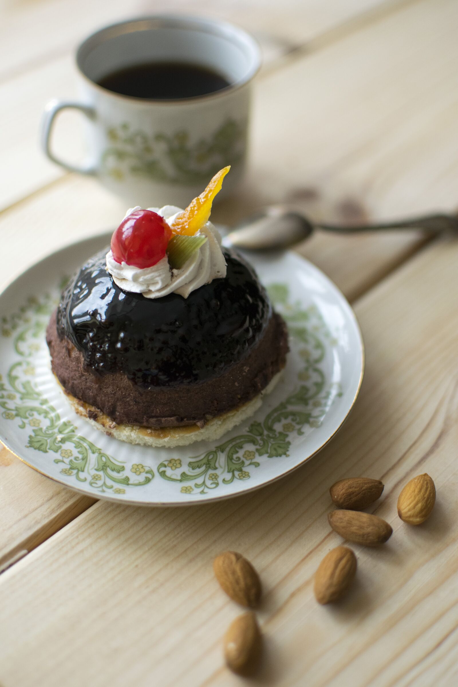 Nikon D5300 sample photo. Chocolate cake, almonds, coffee photography