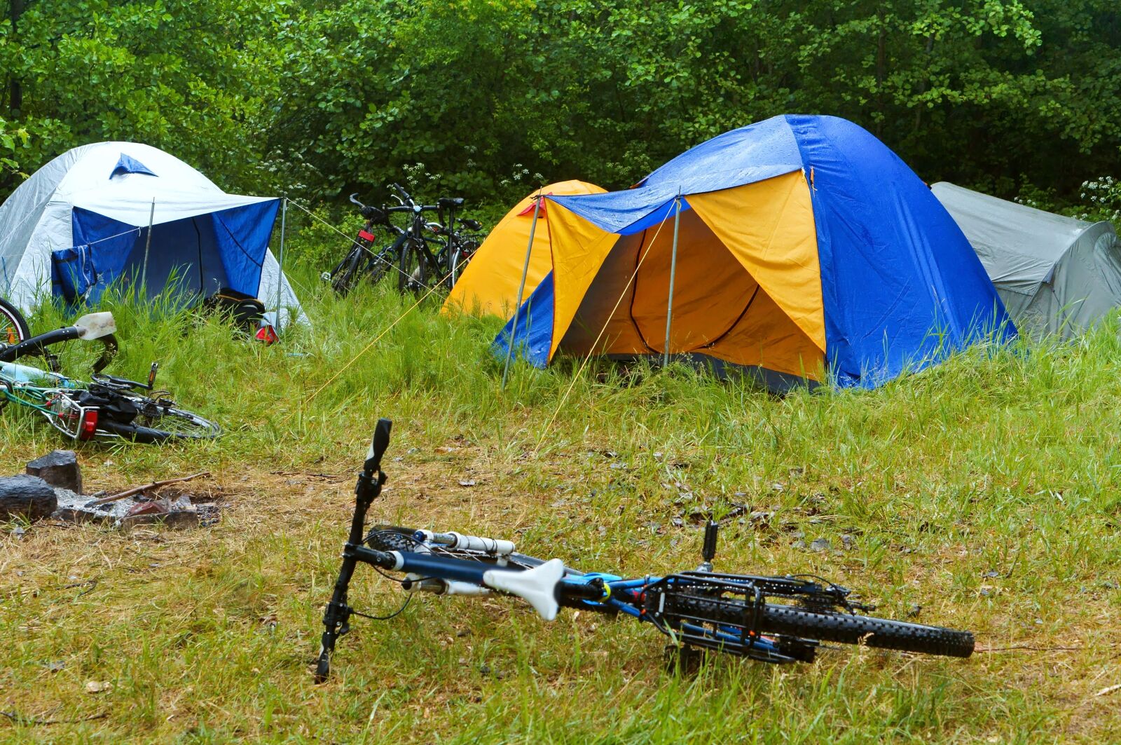 Sony Alpha NEX-3N + E 50mm F1.8 OSS sample photo. Bike, camping, rain photography
