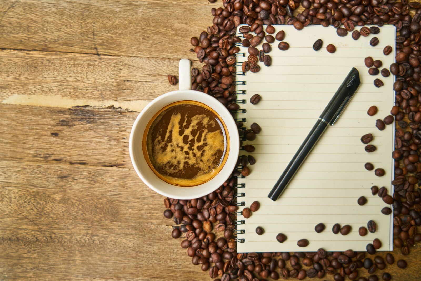 Sony a7R II sample photo. Coffee, notebook, pen photography