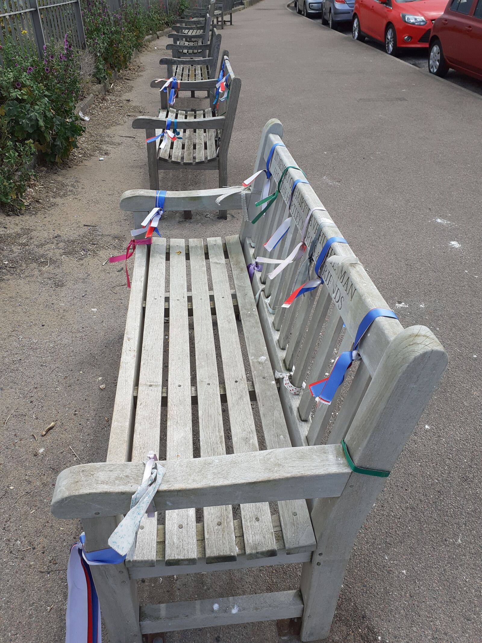 Samsung SM-A202F sample photo. Ribboned, memorial, bench photography