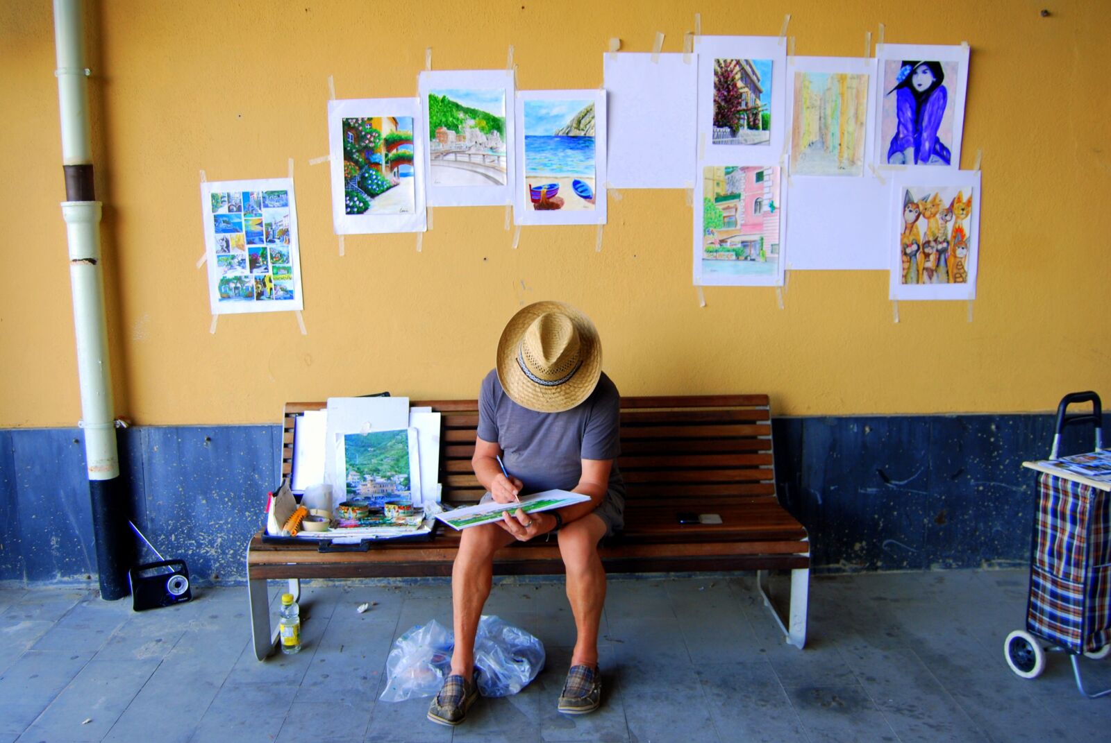 Nikon D60 sample photo. Street performer, painter, bench photography