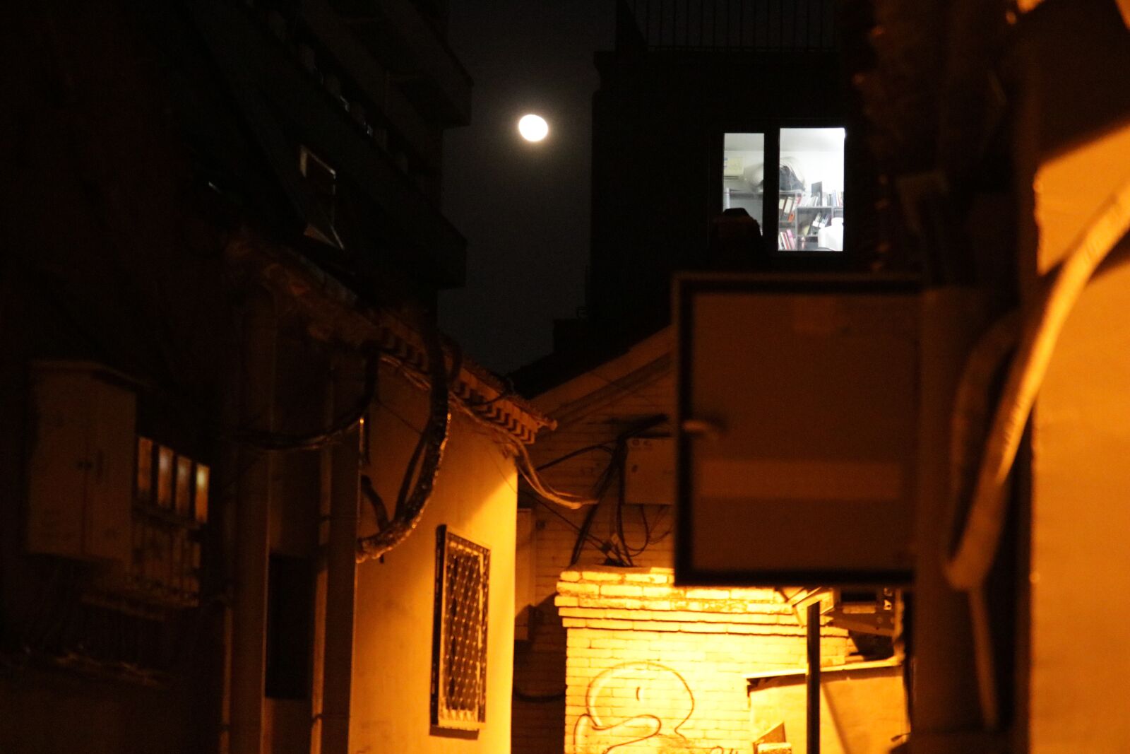 Canon EOS 750D (EOS Rebel T6i / EOS Kiss X8i) + Canon EF-S 55-250mm F4-5.6 IS STM sample photo. Hutong, beijing, moon photography