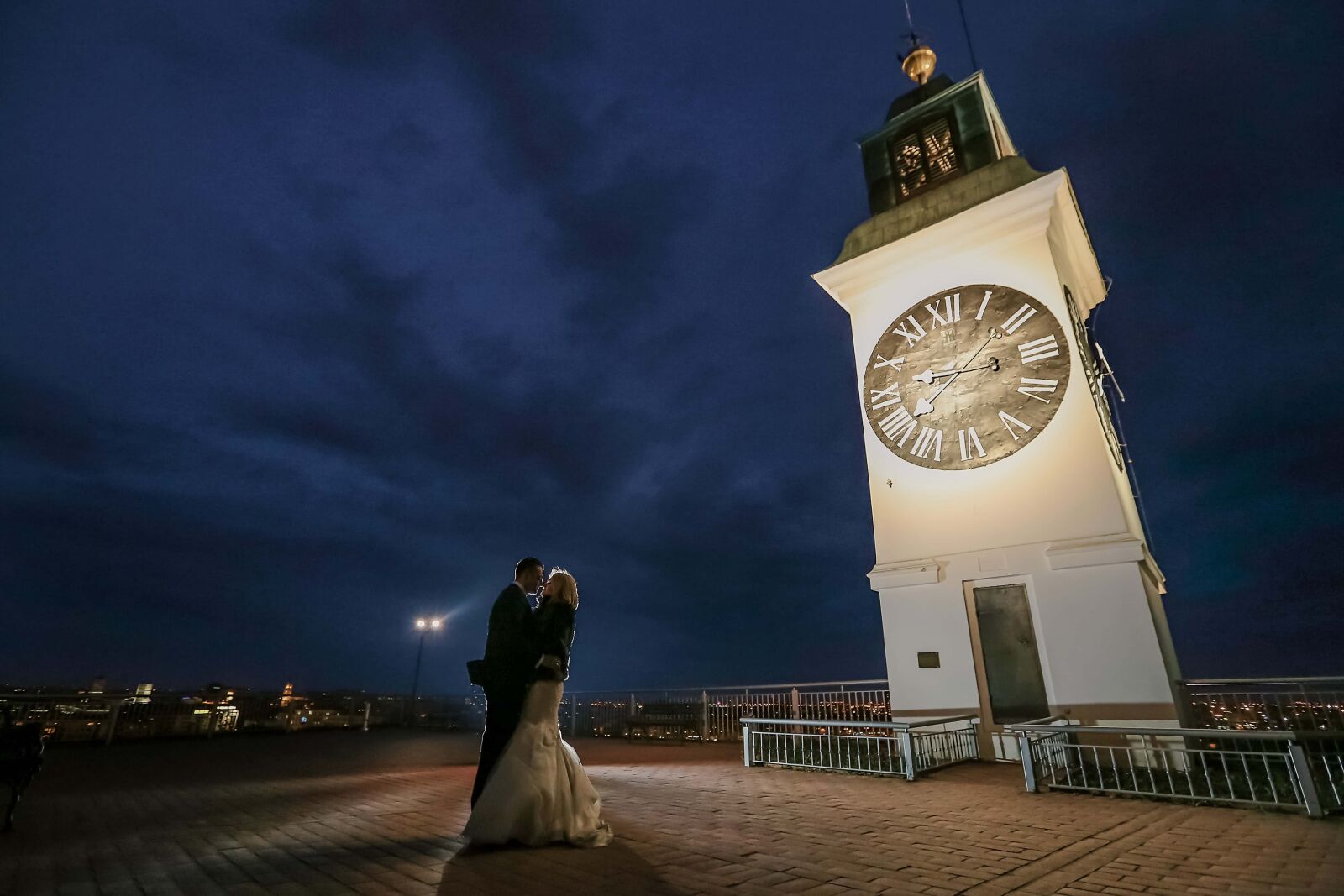 Canon EF 16-35mm F2.8L II USM sample photo. Husband, bride, spotlight, tower photography