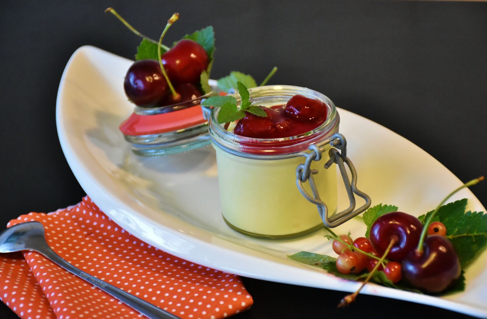 Nikon D7200 sample photo. Pudding, vanilla pudding, cherries photography
