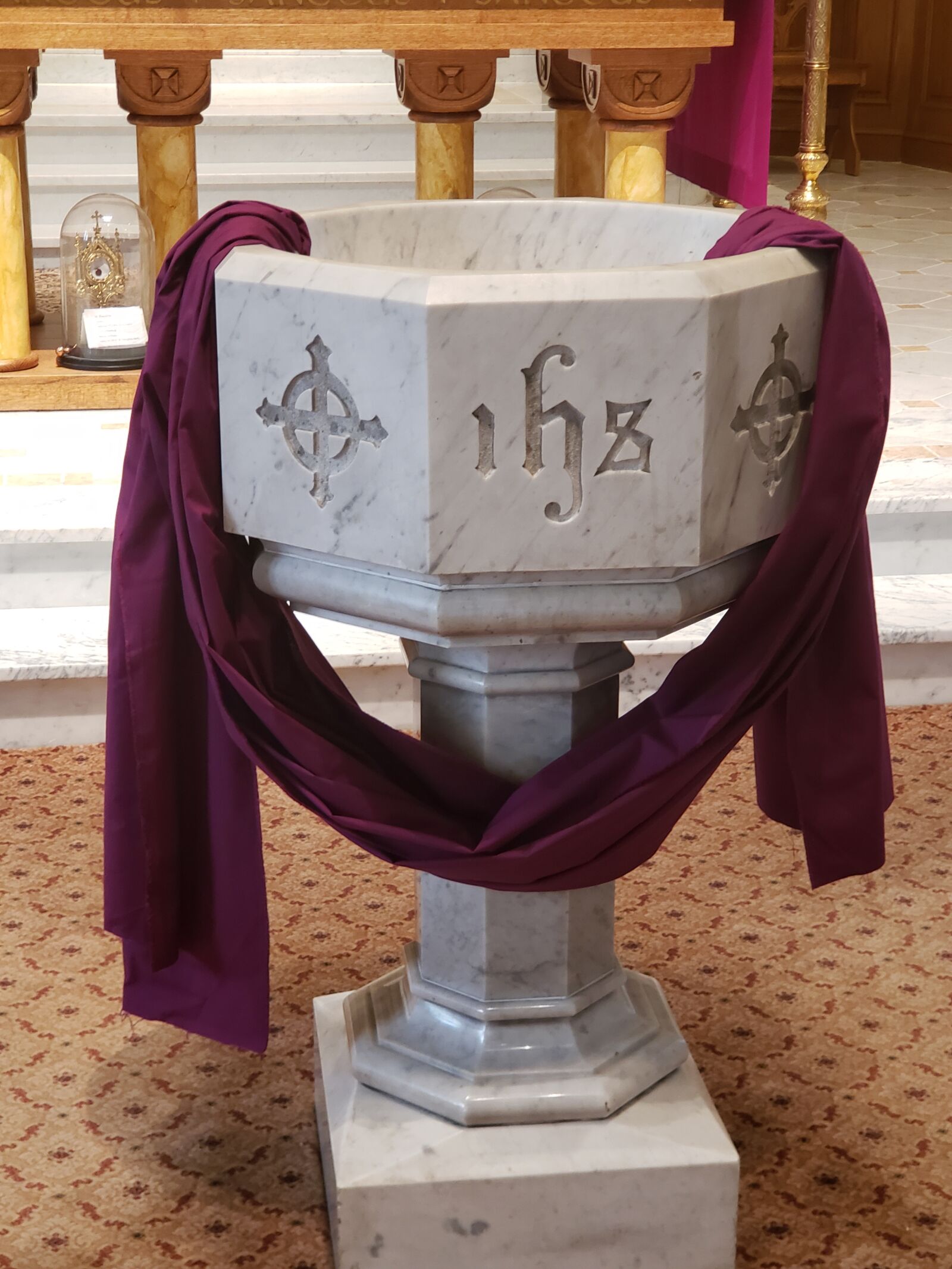 Samsung Galaxy S9+ sample photo. Lent, baptism font, purple photography
