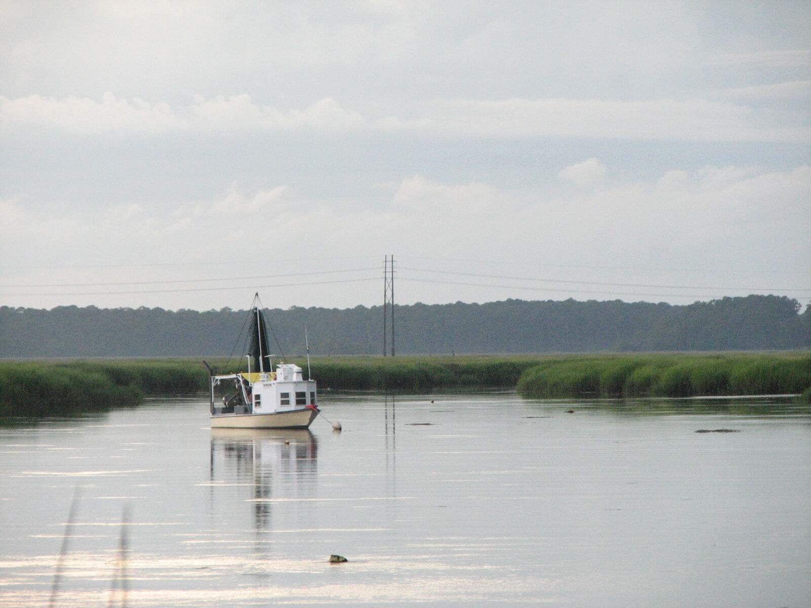 Canon POWERSHOT S3 IS sample photo. Boat, bushes, calm, clouds photography
