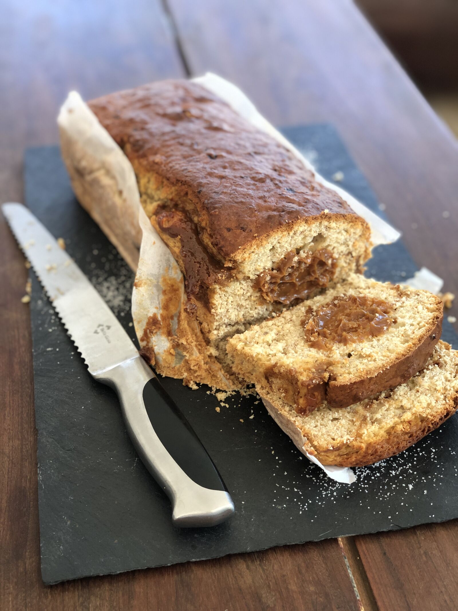 iPhone X back dual camera 6mm f/2.4 sample photo. Banana, banana bread, bread photography