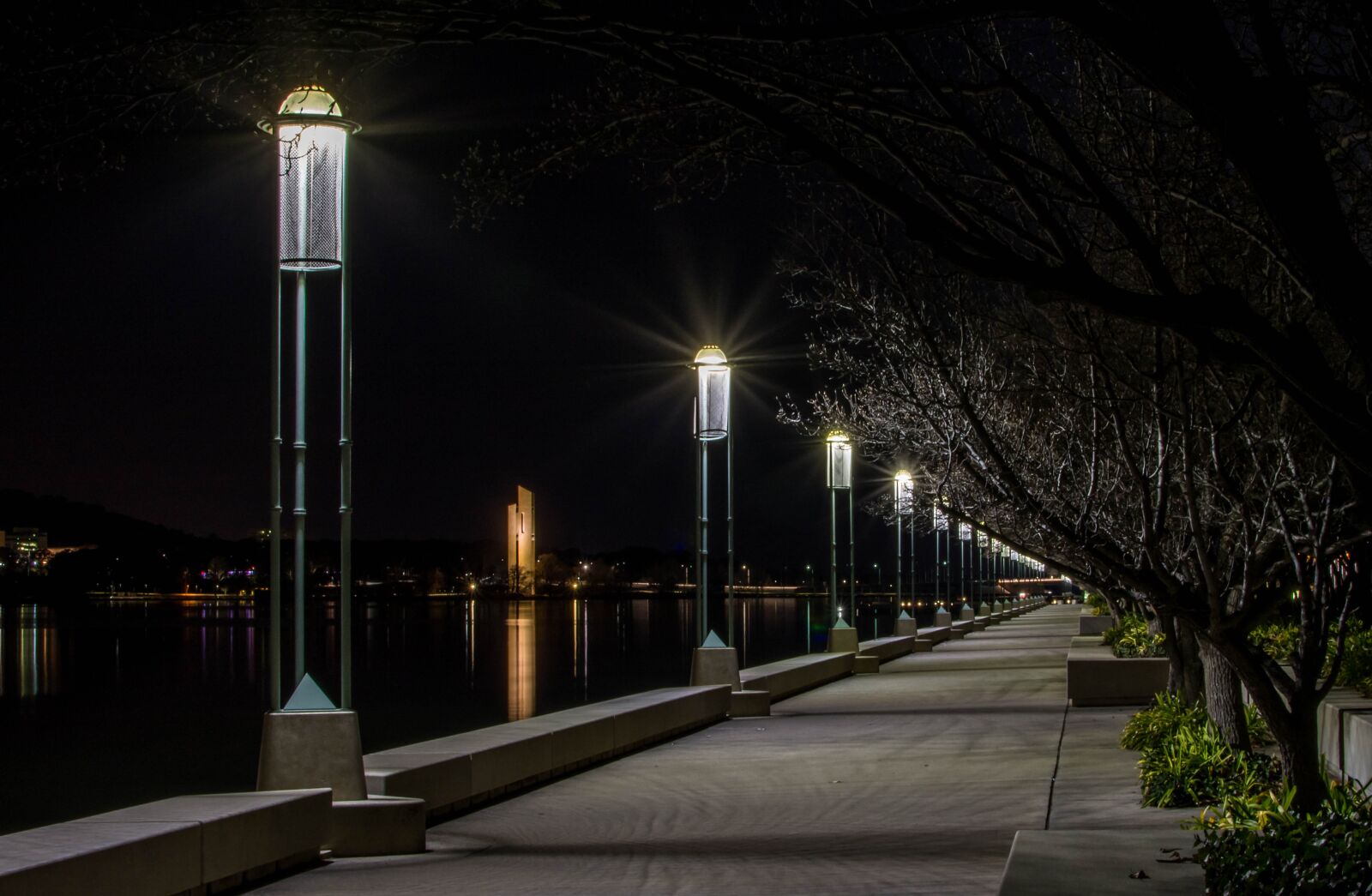 Nikon D7200 sample photo. Boardwalk, lights, lake photography
