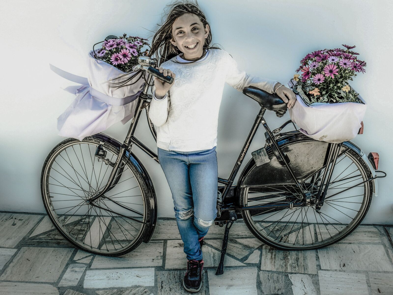 Nikon D3300 sample photo. Girl, bicycle, flowers photography