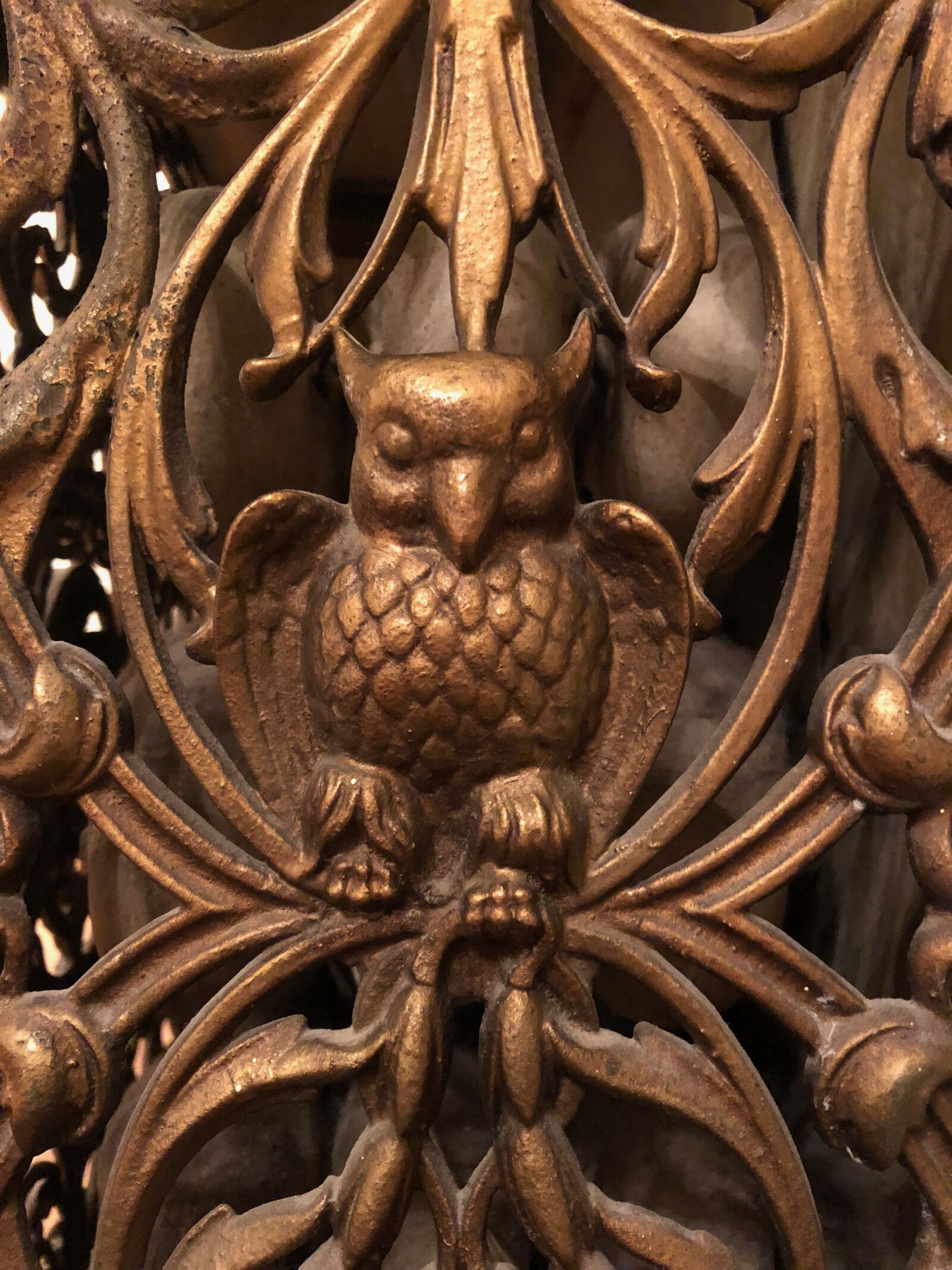 iPhone X back dual camera 4mm f/1.8 sample photo. Radiator cover, owl, brass photography
