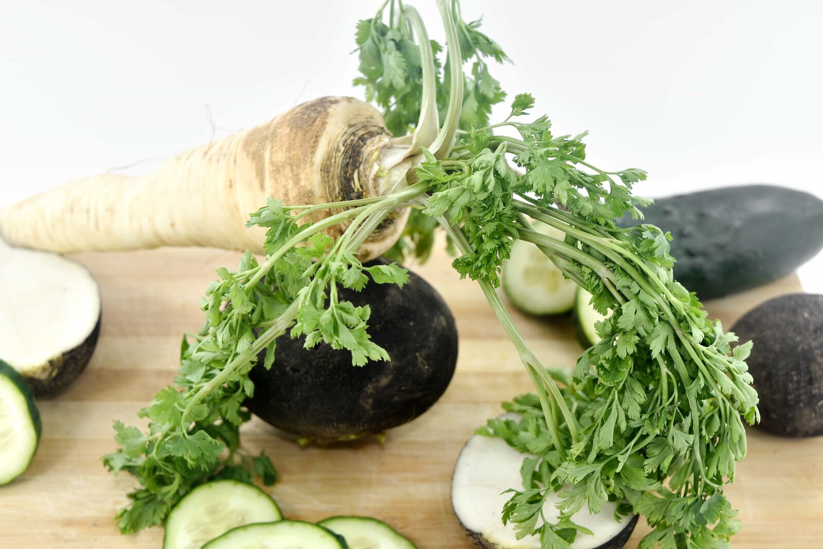 Nikon D5500 sample photo. Cucumber, green leaves, parsley photography