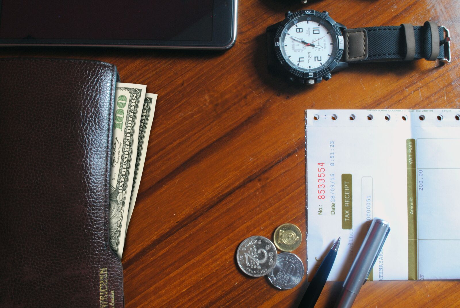 Nikon D3000 sample photo. Watch, bill, table photography