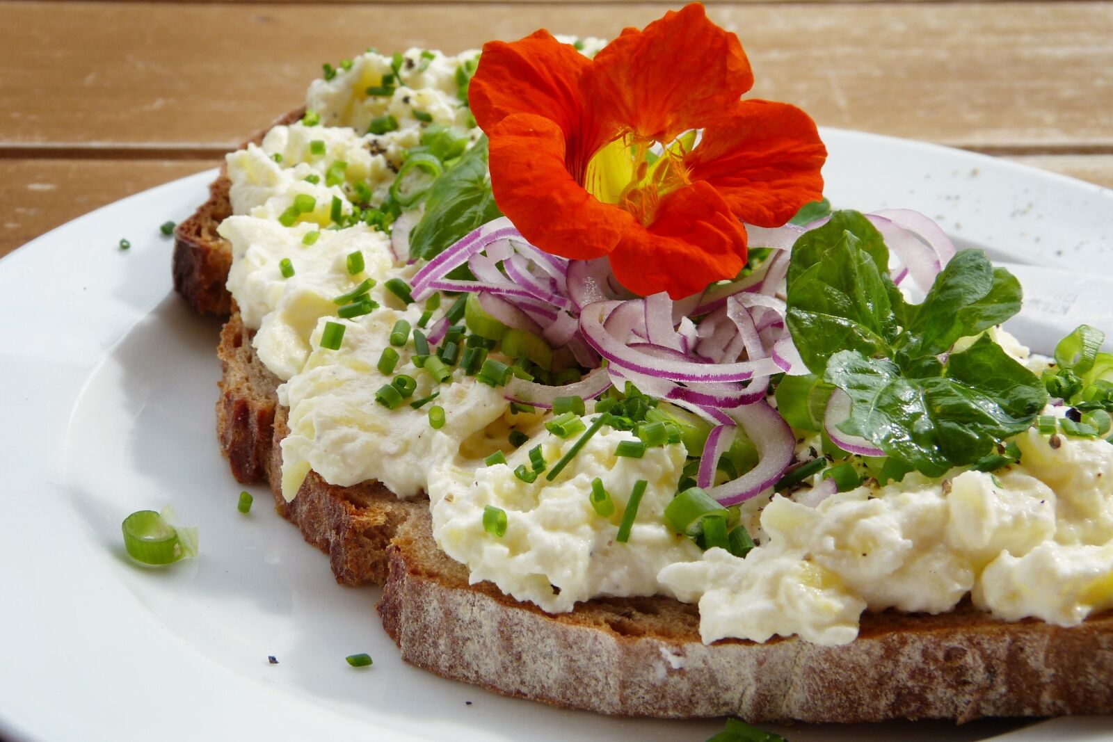 Panasonic Lumix DMC-FZ150 sample photo. Bread, nasturtium, watercress photography