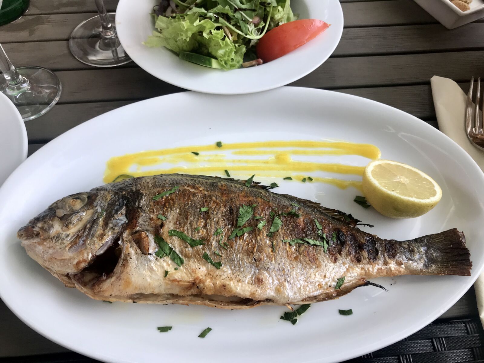 iPhone 7 back camera 3.99mm f/1.8 sample photo. Sea bream, grilled, fish photography
